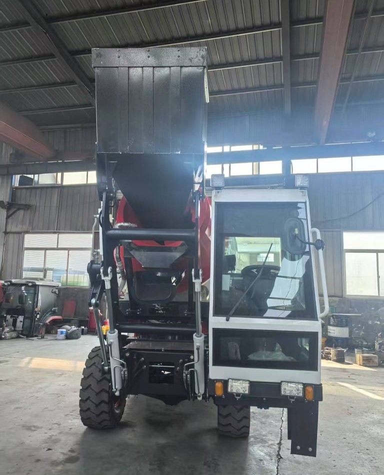 Front view of the self-loading concrete mixer